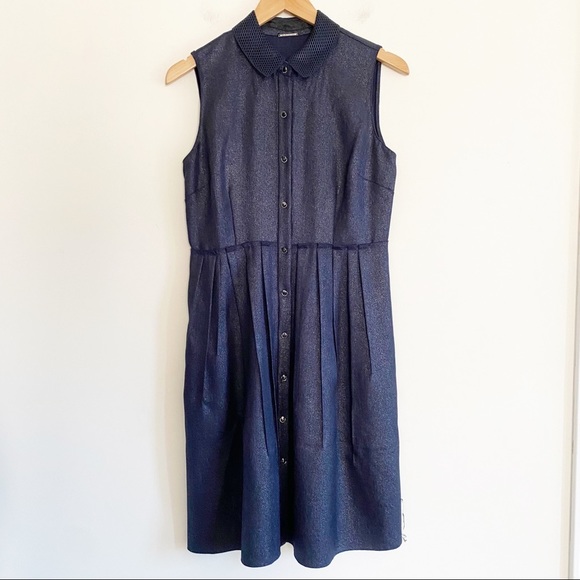 Elie Tahari Navy/Silver Foil Sleeveless 'Samiyah' Shimmer Dress - Picture 3 of 7